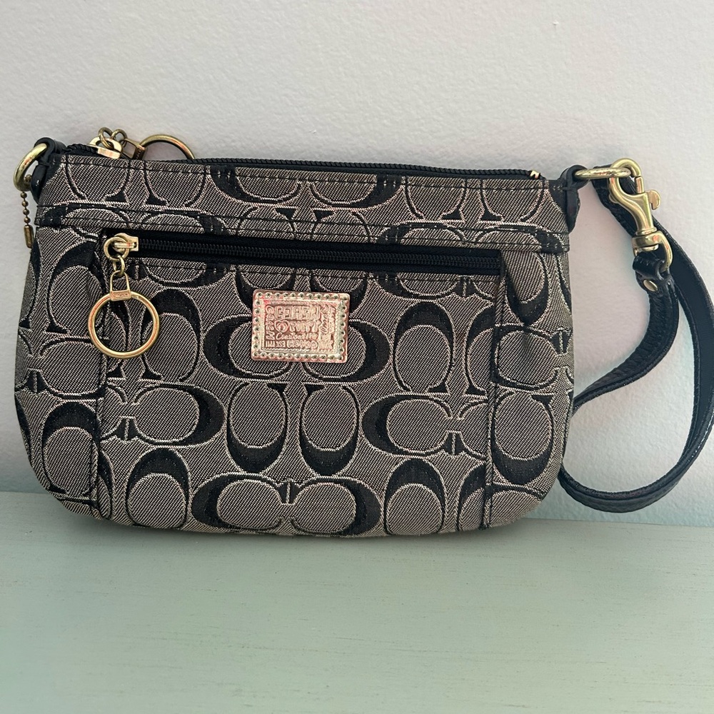 Coach Black and Gray Signature Canvas Wristlet
